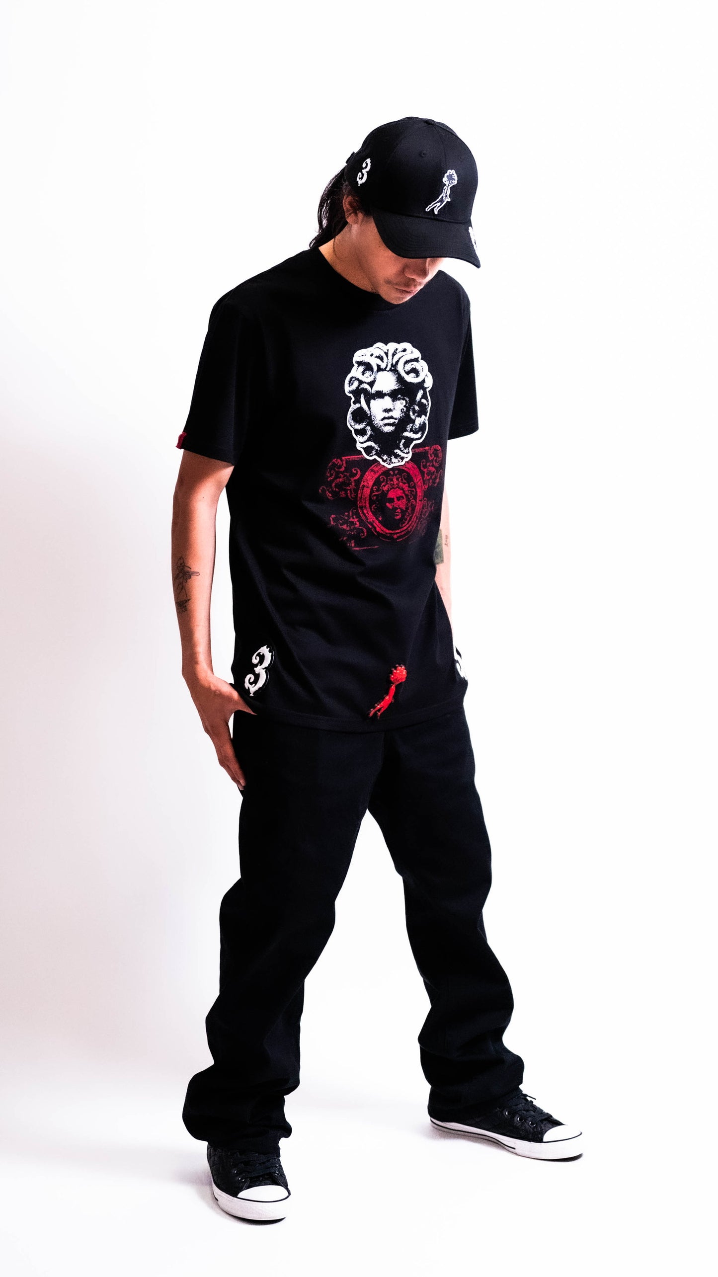 3MEDUSTONE Black Streetwear Graphic T-Shirt