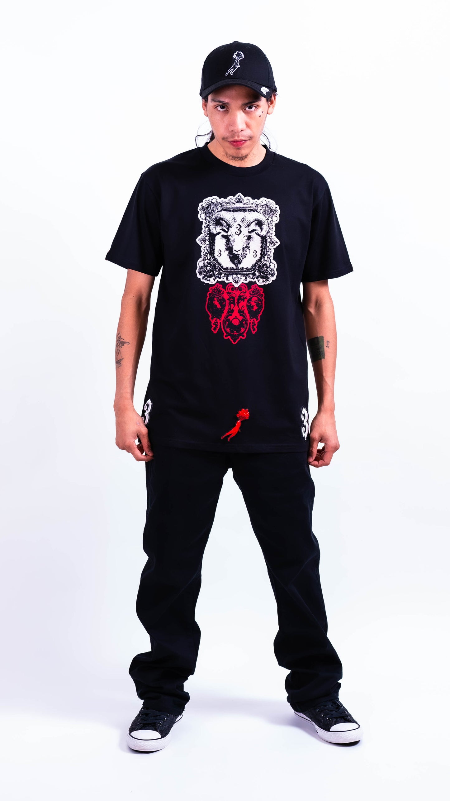 Black DRIFT3R shirt with woven tags and screen print