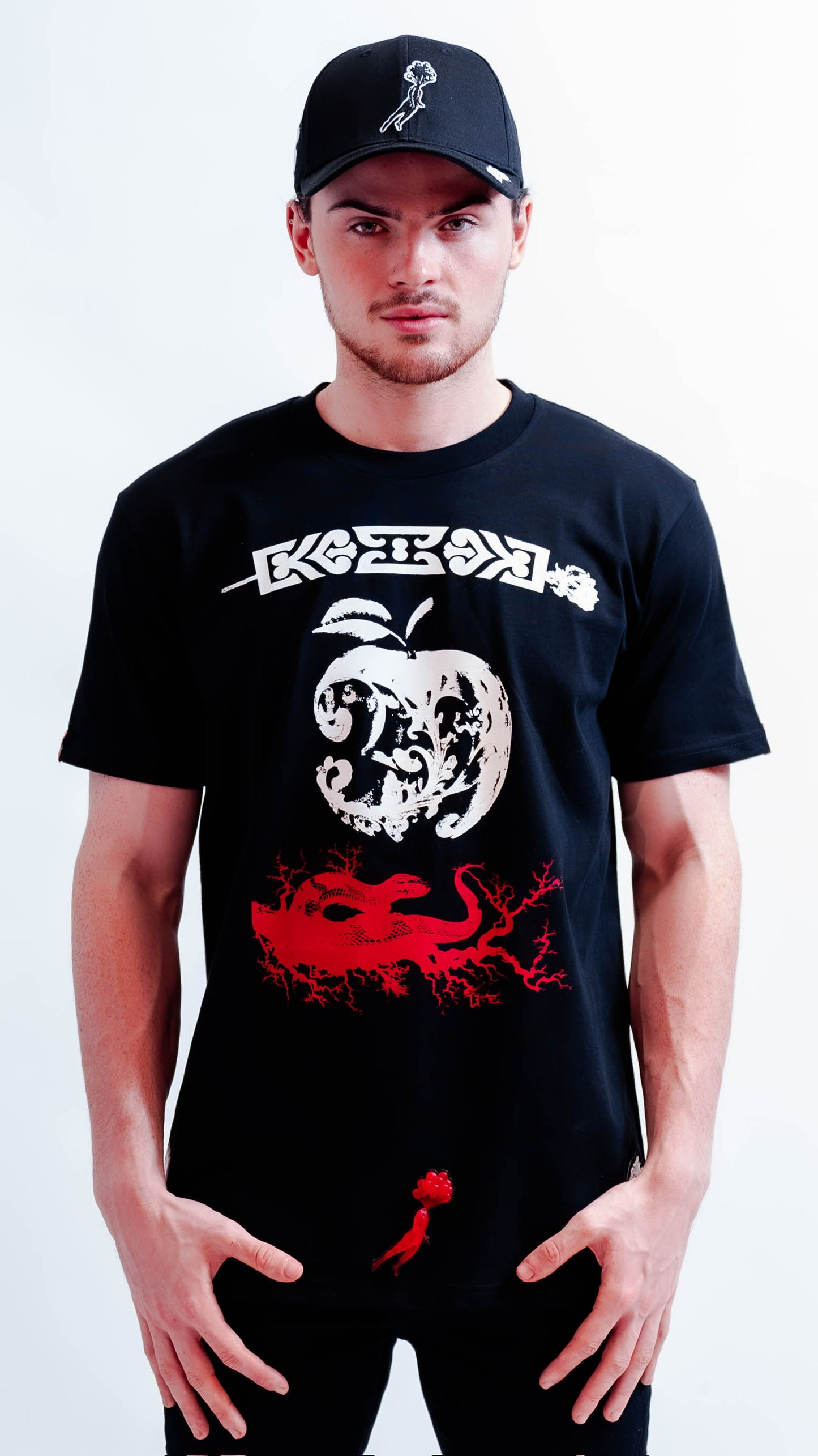 Streetwear black tee with bold forbidden fruit print