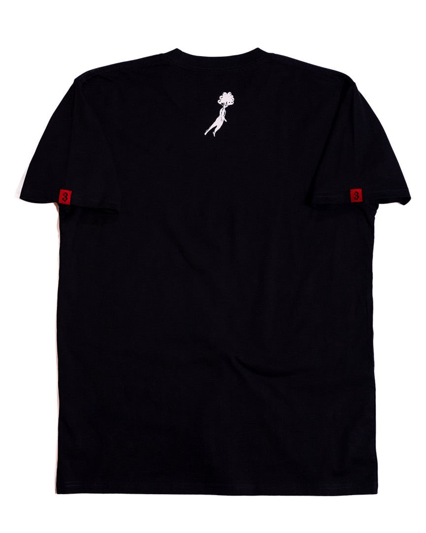 Streetwear black tee with bold novelty design print